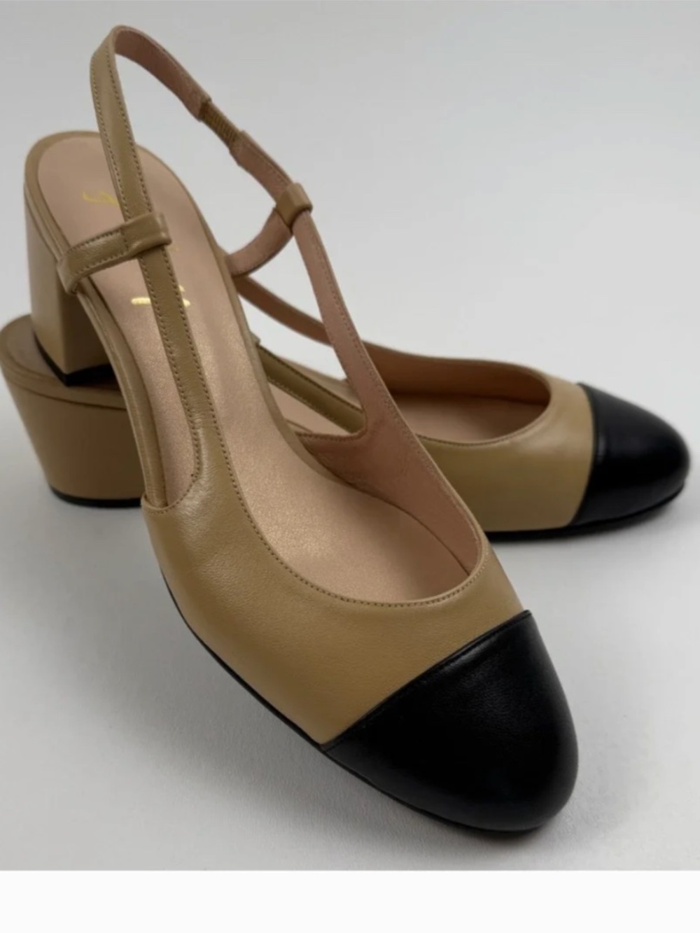 EXC French Sole FS/NY Tuckernuck Slingback Baton Heels Camel Napa/Black Size 7.5
